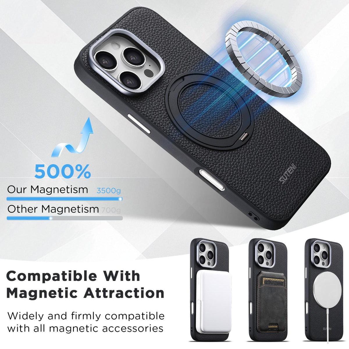 For iPhone 15 Pro Suteni G9 Large Lychee Pattern Magnetic Holder Phone Case - Black - SYA003490702A