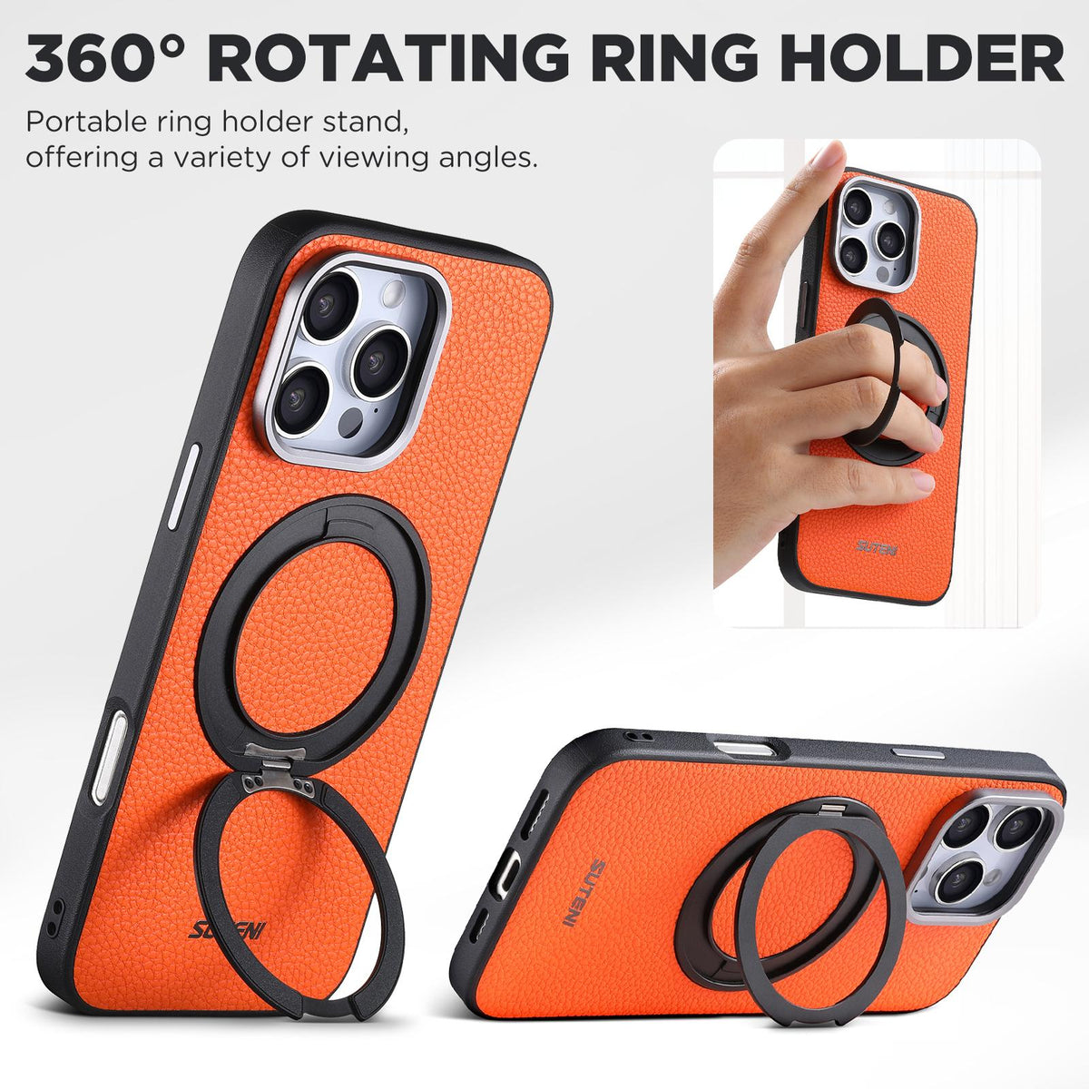 For iPhone 15 Pro Suteni G9 Large Lychee Pattern Magnetic Holder Phone Case - Orange - SYA003490702C