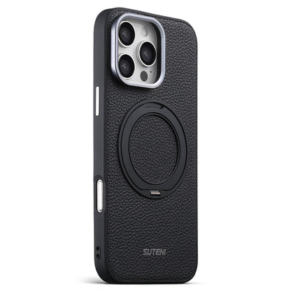 For iPhone 15 Pro Max Suteni G9 Large Lychee Pattern Magnetic Holder Phone Case - Black - SYA003490703A
