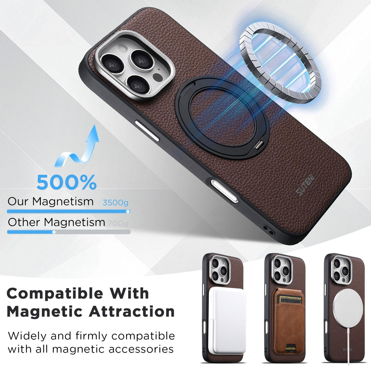 For iPhone 15 Pro Max Suteni G9 Large Lychee Pattern Magnetic Holder Phone Case - Brown - SYA003490703B