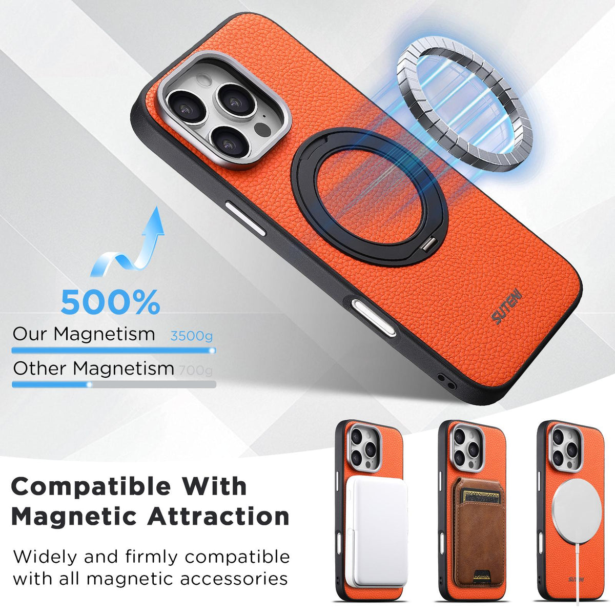 For iPhone 15 Pro Max Suteni G9 Large Lychee Pattern Magnetic Holder Phone Case - Orange - SYA003490703C