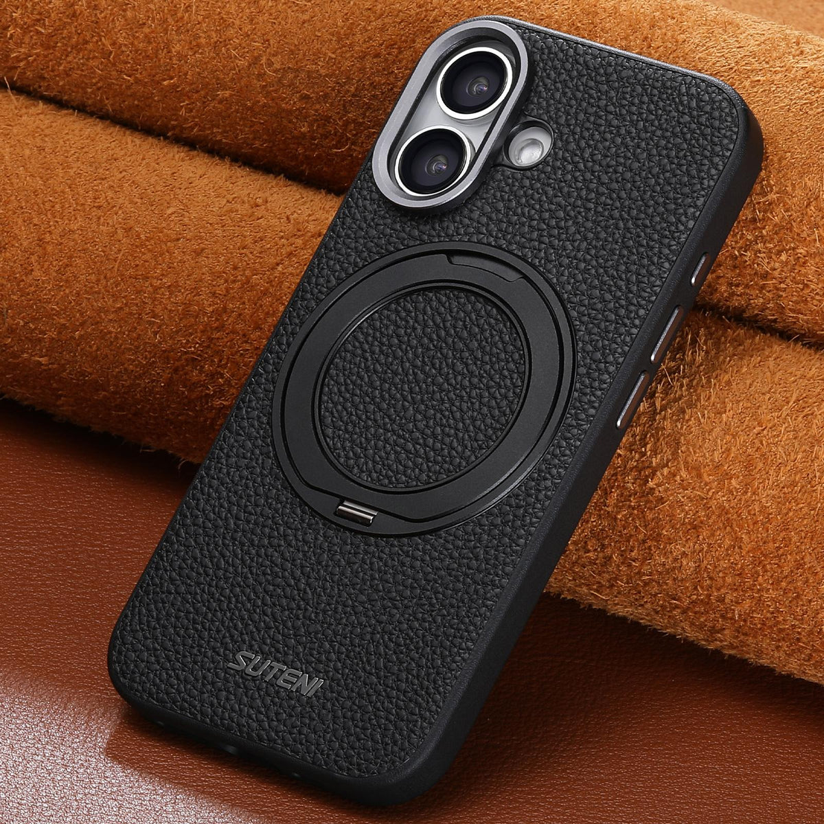 For iPhone 16 Suteni G9 Large Lychee Pattern Magnetic Holder Phone Case - Black - SYA003490704A