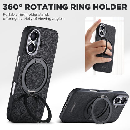 For iPhone 16 Suteni G9 Large Lychee Pattern Magnetic Holder Phone Case - Black - SYA003490704A