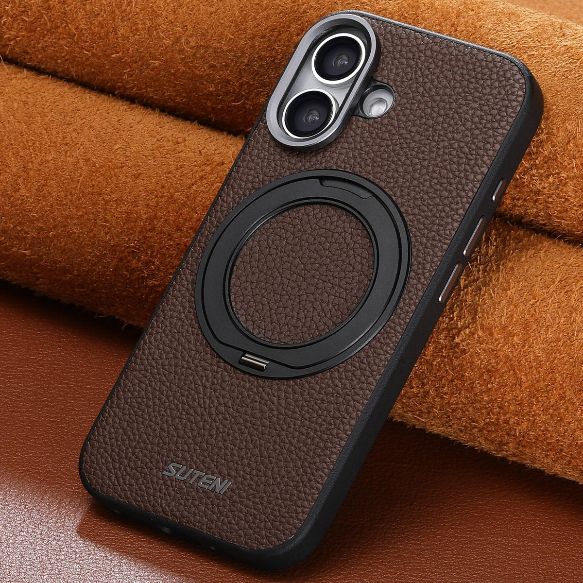 For iPhone 16 Suteni G9 Large Lychee Pattern Magnetic Holder Phone Case - Brown - SYA003490704B