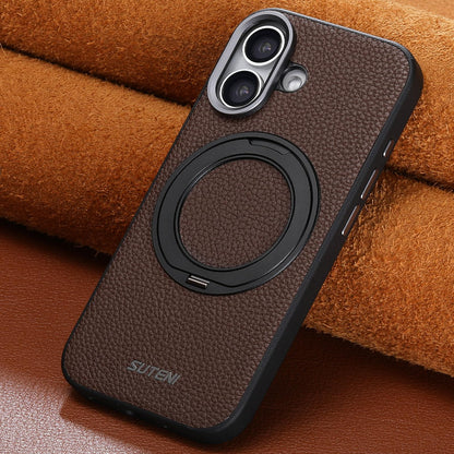 For iPhone 16 Suteni G9 Large Lychee Pattern Magnetic Holder Phone Case - Brown - SYA003490704B