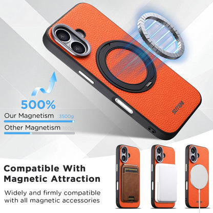 For iPhone 16 Suteni G9 Large Lychee Pattern Magnetic Holder Phone Case - Orange - SYA003490704C