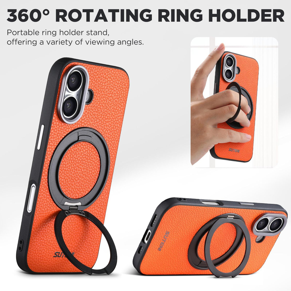 For iPhone 16 Suteni G9 Large Lychee Pattern Magnetic Holder Phone Case - Orange - SYA003490704C