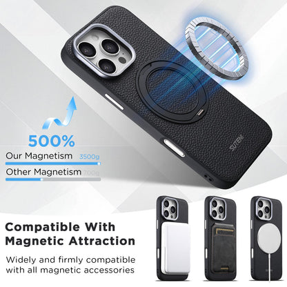 For iPhone 16 Pro Suteni G9 Large Lychee Pattern Magnetic Holder Phone Case - Black - SYA003490705A