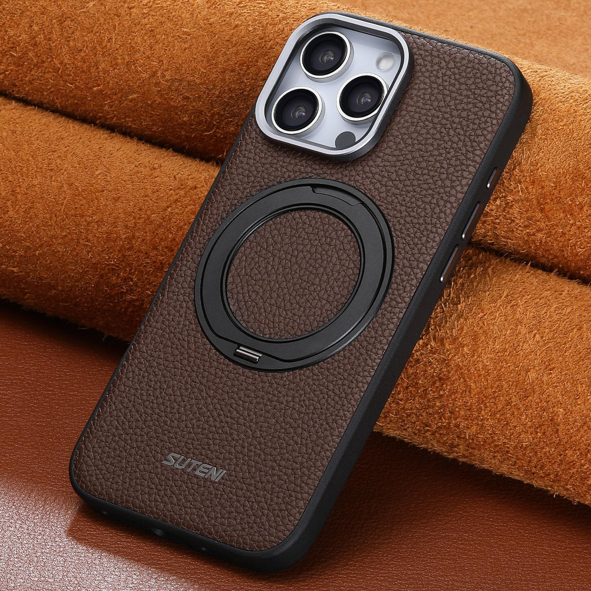 For iPhone 16 Pro Suteni G9 Large Lychee Pattern Magnetic Holder Phone Case - Brown - SYA003490705B