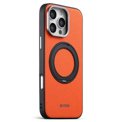 For iPhone 16 Pro Suteni G9 Large Lychee Pattern Magnetic Holder Phone Case - Orange - SYA003490705C