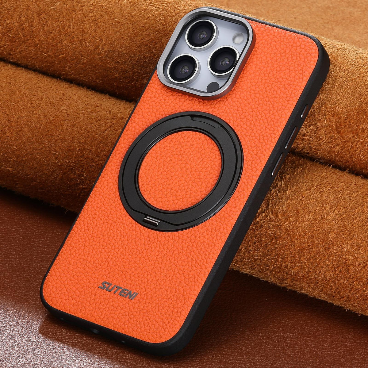 For iPhone 16 Pro Suteni G9 Large Lychee Pattern Magnetic Holder Phone Case - Orange - SYA003490705C