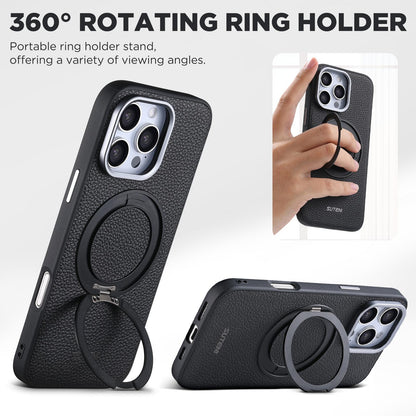 For iPhone 16 Pro Max Suteni G9 Large Lychee Pattern Magnetic Holder Phone Case - Black - SYA003490706A