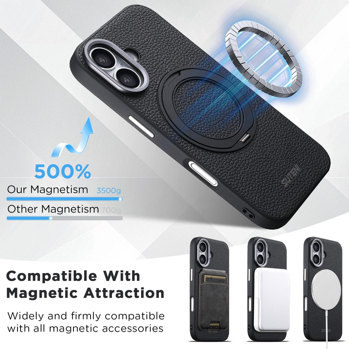 For iPhone 17 Suteni G9 Large Lychee Pattern Magnetic Holder Phone Case - Black - SYA003490707A