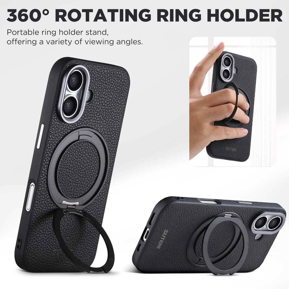 For iPhone 17 Suteni G9 Large Lychee Pattern Magnetic Holder Phone Case - Black - SYA003490707A