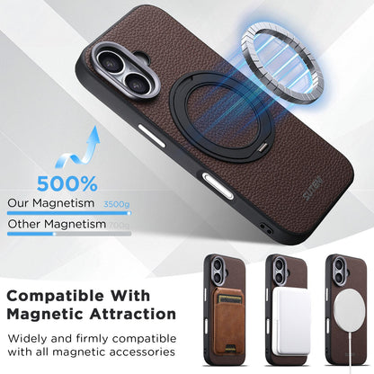 For iPhone 17 Suteni G9 Large Lychee Pattern Magnetic Holder Phone Case - Brown - SYA003490707B