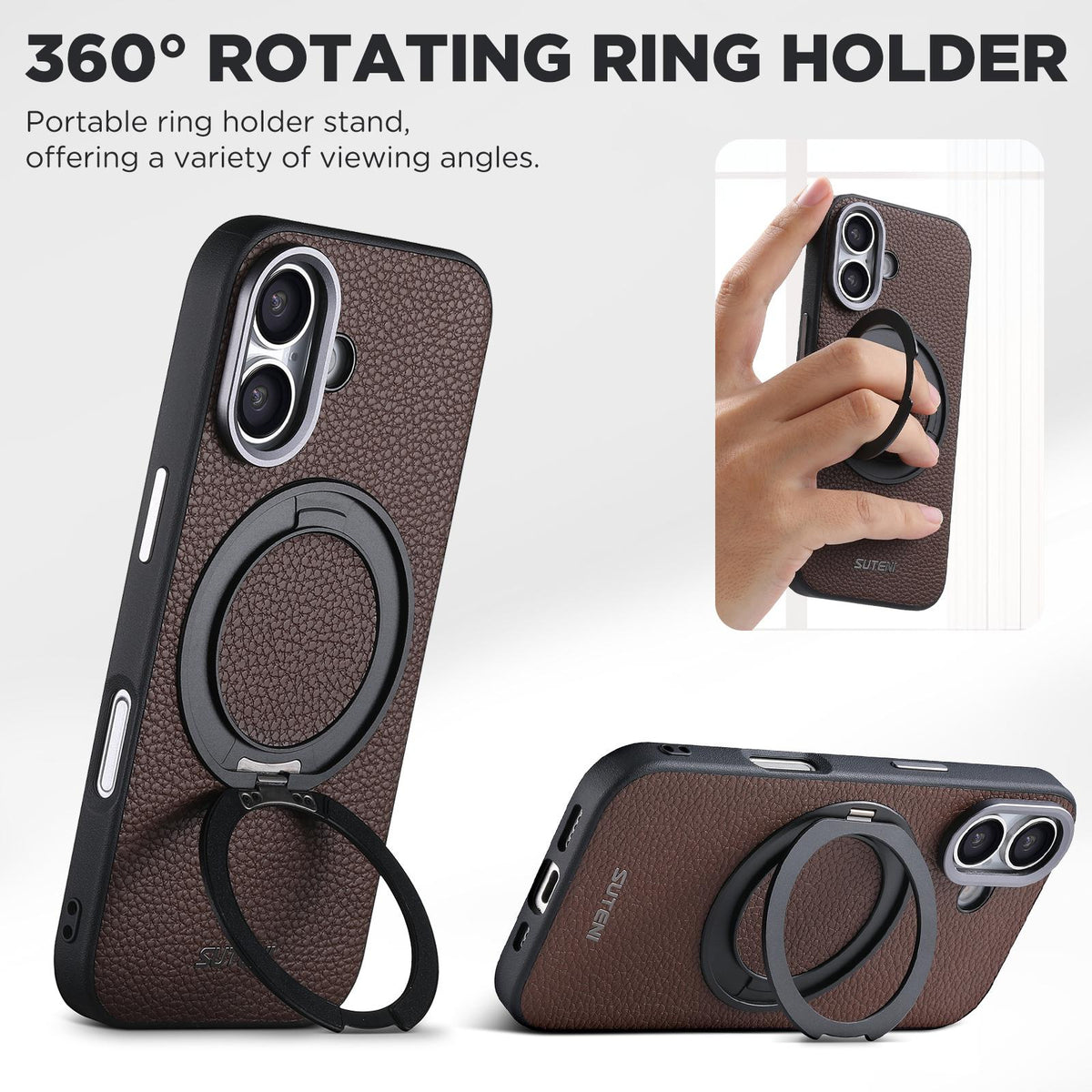 For iPhone 17 Suteni G9 Large Lychee Pattern Magnetic Holder Phone Case - Brown - SYA003490707B