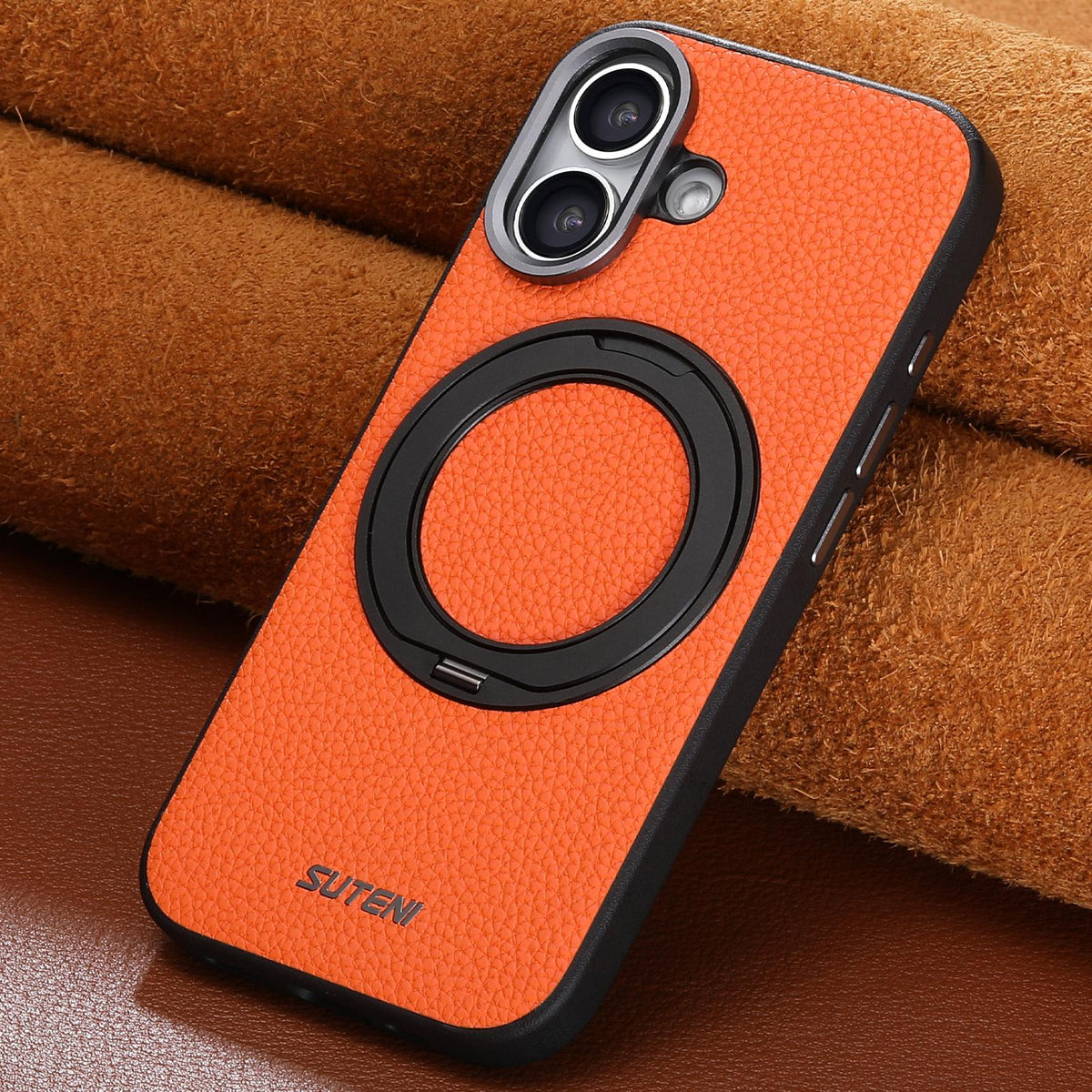 For iPhone 17 Suteni G9 Large Lychee Pattern Magnetic Holder Phone Case - Orange - SYA003490707C
