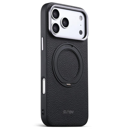 For iPhone 17 Pro Max Suteni G9 Large Lychee Pattern Magnetic Holder Phone Case - Black - SYA003490709A