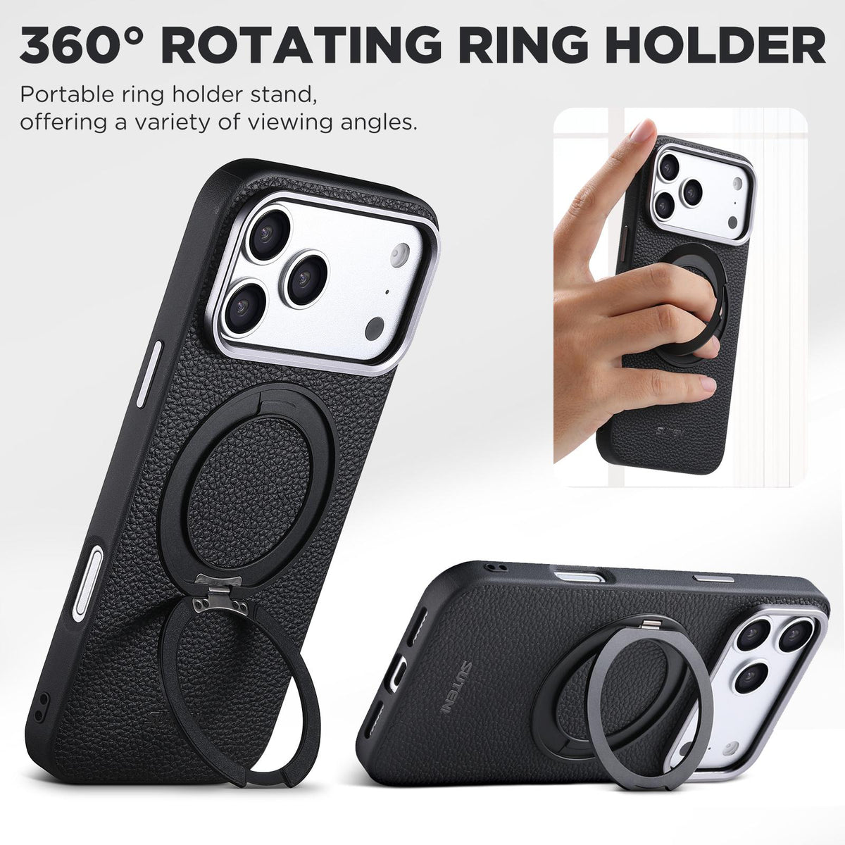 For iPhone 17 Pro Max Suteni G9 Large Lychee Pattern Magnetic Holder Phone Case - Black - SYA003490709A