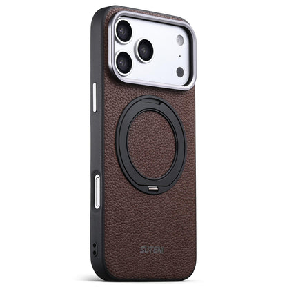 For iPhone 17 Pro Max Suteni G9 Large Lychee Pattern Magnetic Holder Phone Case - Brown - SYA003490709B