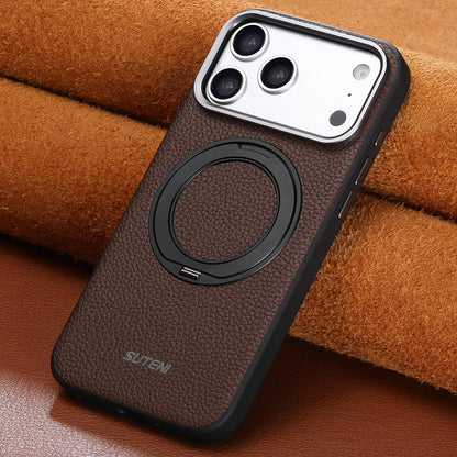 For iPhone 17 Pro Max Suteni G9 Large Lychee Pattern Magnetic Holder Phone Case - Brown - SYA003490709B