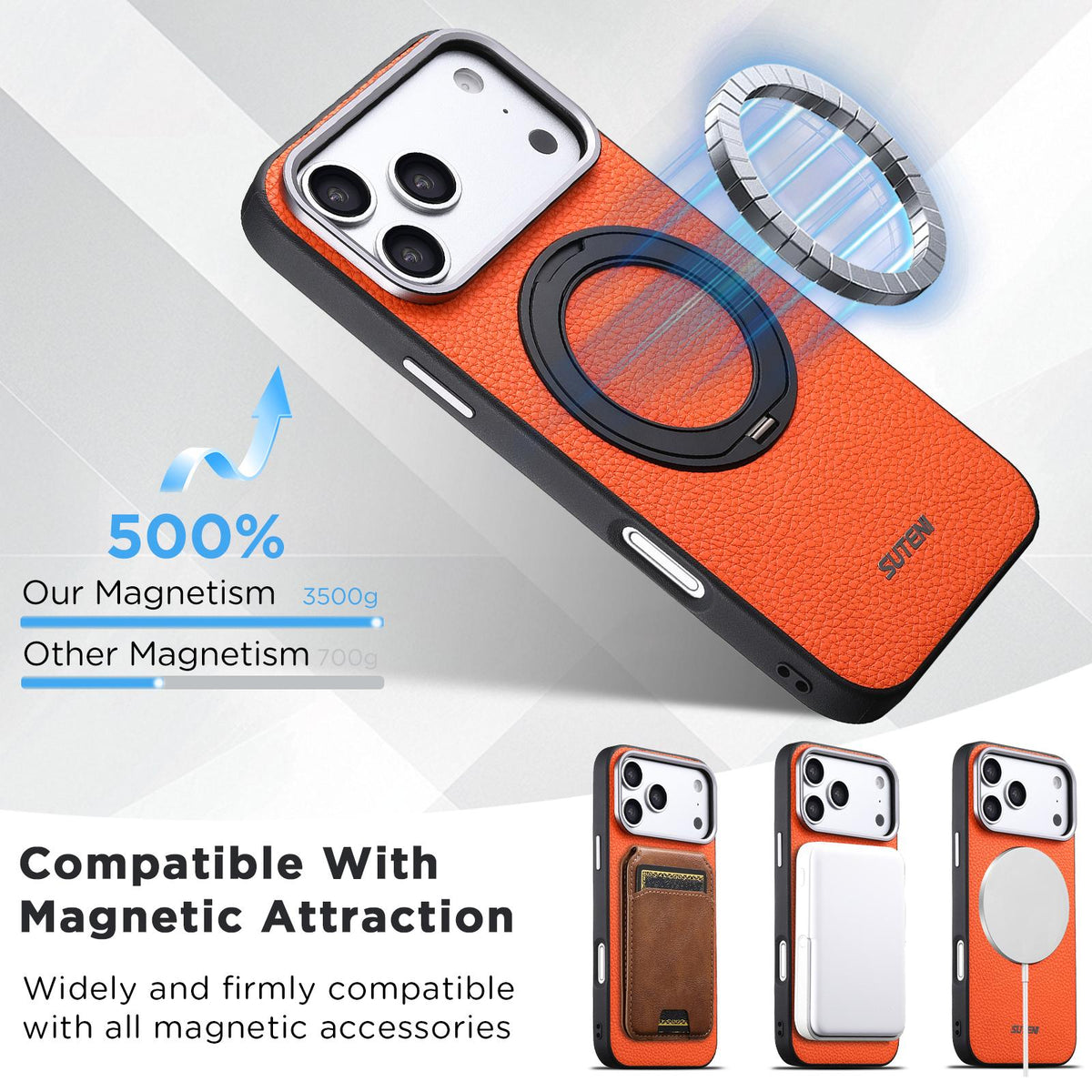 For iPhone 17 Pro Max Suteni G9 Large Lychee Pattern Magnetic Holder Phone Case - Orange - SYA003490709C