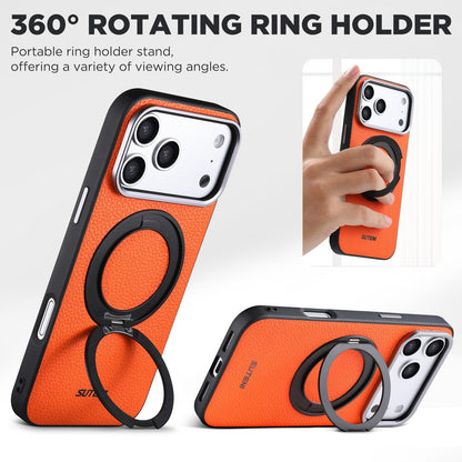 For iPhone 17 Pro Max Suteni G9 Large Lychee Pattern Magnetic Holder Phone Case - Orange - SYA003490709C