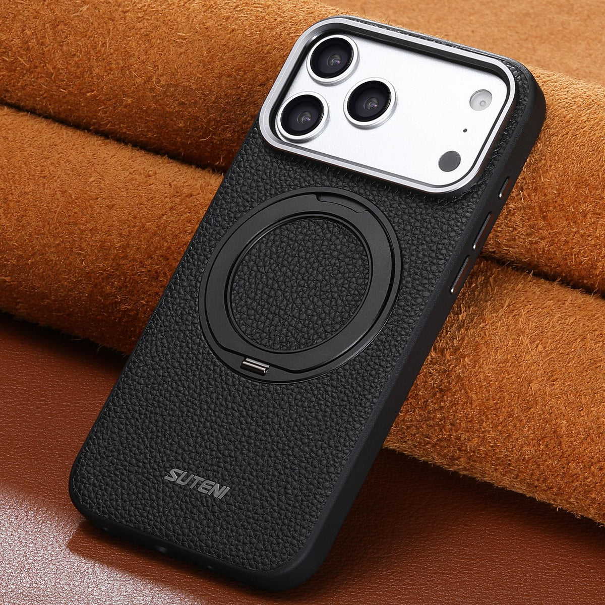 For iPhone 18 Pro Suteni G9 Large Lychee Pattern Magnetic Holder Phone Case - Black - SYA003490710A