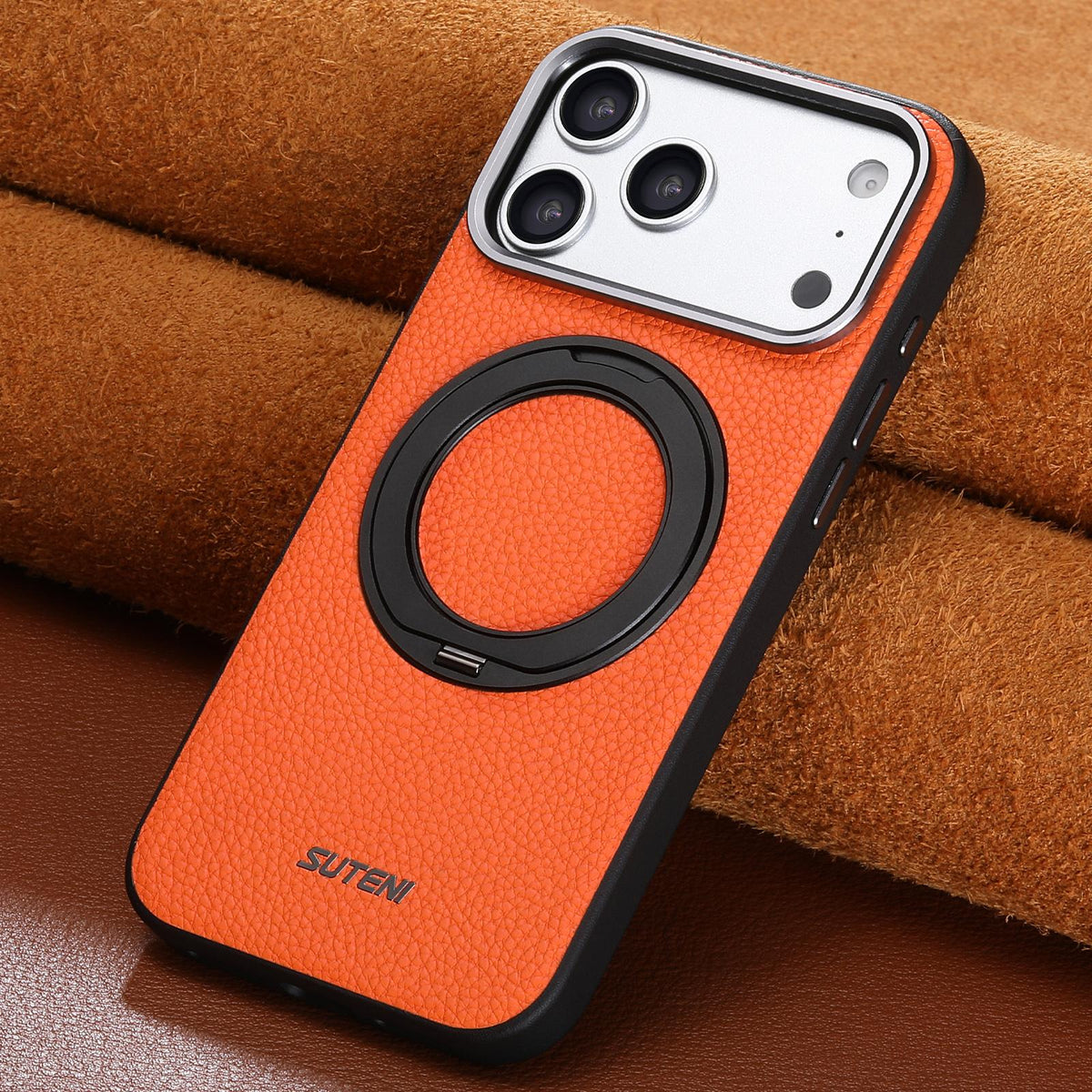 For iPhone 18 Pro Suteni G9 Large Lychee Pattern Magnetic Holder Phone Case - Orange - SYA003490710C