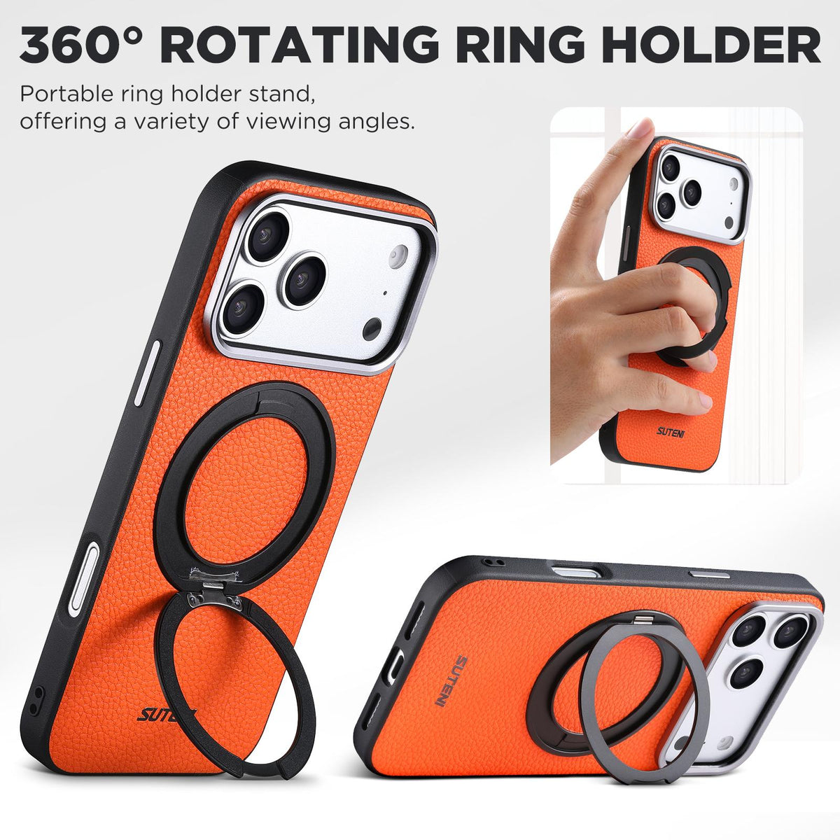 For iPhone 18 Pro Suteni G9 Large Lychee Pattern Magnetic Holder Phone Case - Orange - SYA003490710C