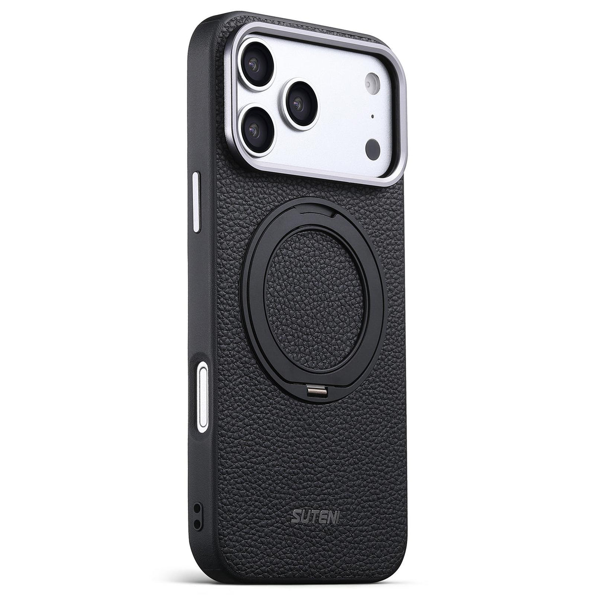 For iPhone 18 Pro Max Suteni G9 Large Lychee Pattern Magnetic Holder Phone Case - Black - SYA003490711A