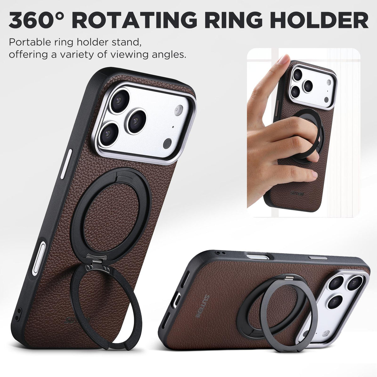 For iPhone 18 Pro Max Suteni G9 Large Lychee Pattern Magnetic Holder Phone Case - Brown - SYA003490711B