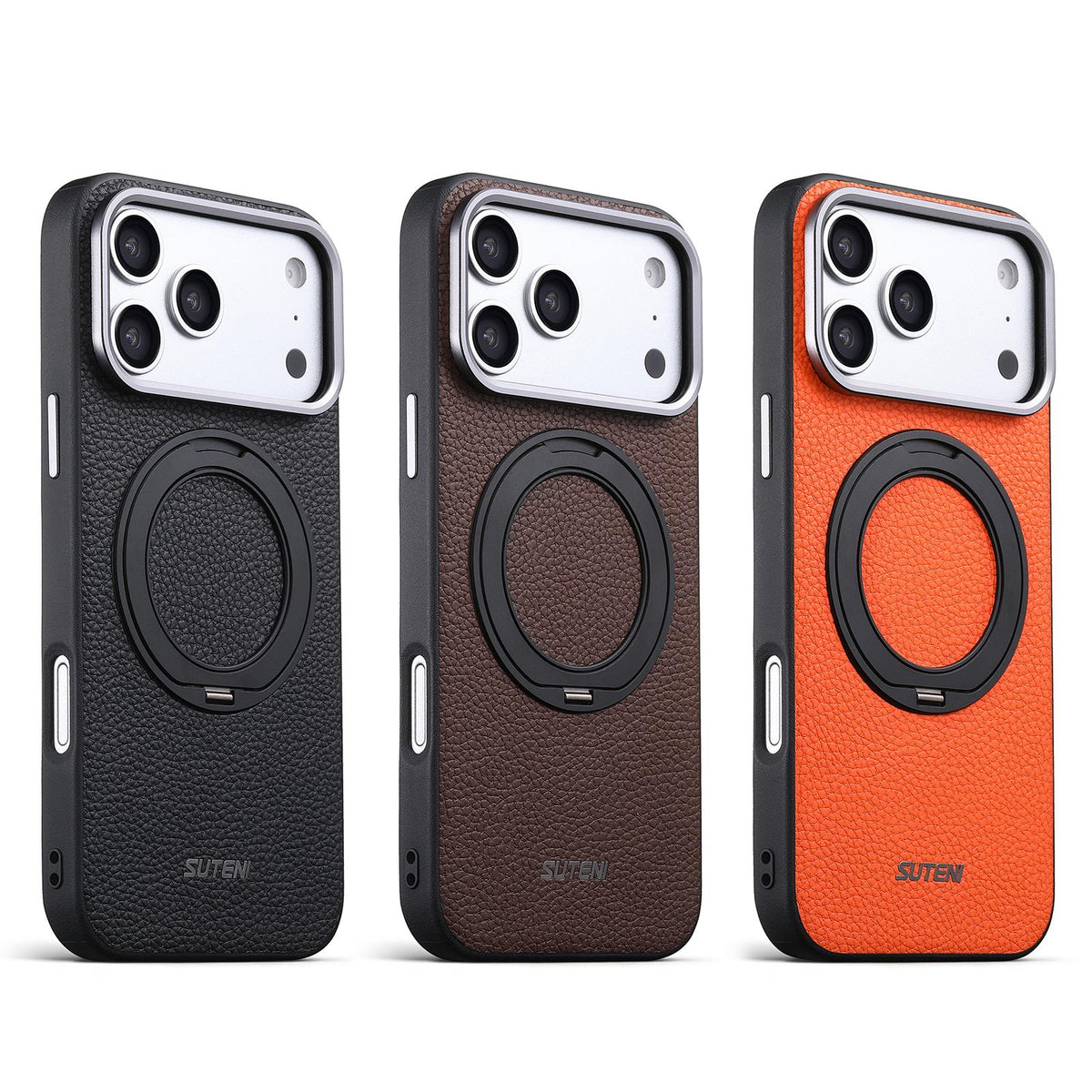 For iPhone 16 Pro Max Suteni G9 Large Lychee Pattern Magnetic Holder Phone Case - Brown - SYA003490706B