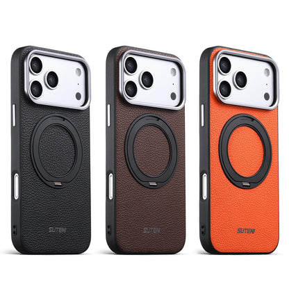 For iPhone 16 Pro Max Suteni G9 Large Lychee Pattern Magnetic Holder Phone Case - Brown - SYA003490706B