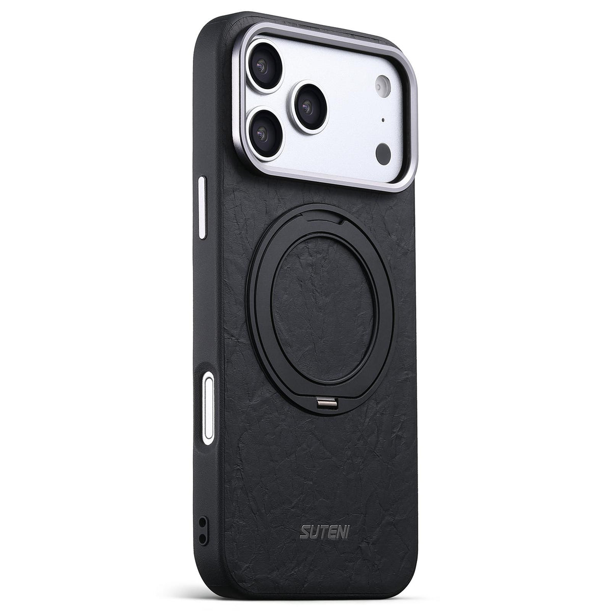 For iPhone 18 Pro Suteni G9 Rock Texture Magnetic Holder Phone Case - Black - SYA003490901A