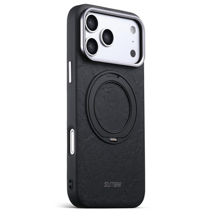 For iPhone 18 Pro Suteni G9 Rock Texture Magnetic Holder Phone Case - Black - SYA003490901A