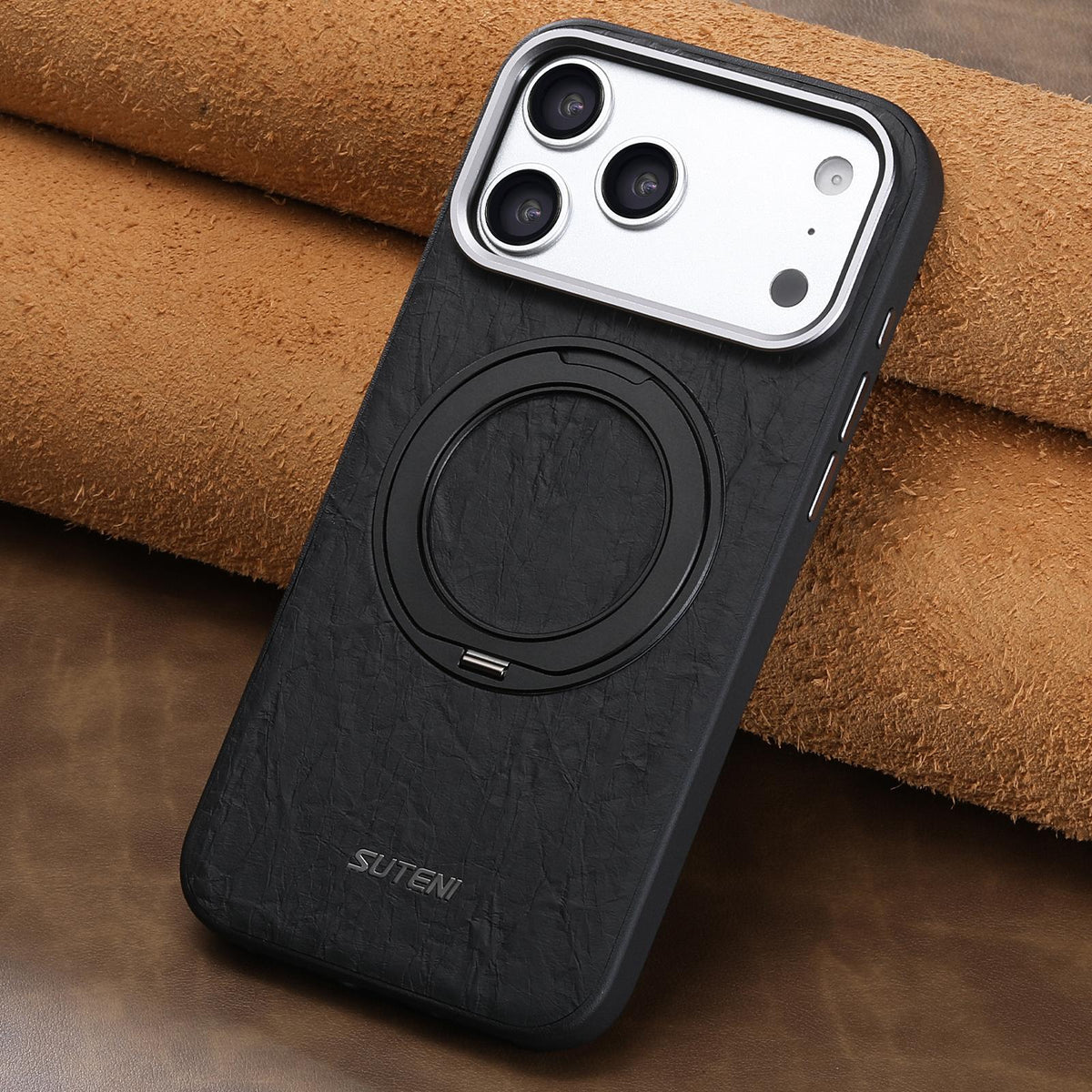 For iPhone 18 Pro Suteni G9 Rock Texture Magnetic Holder Phone Case - Black - SYA003490901A