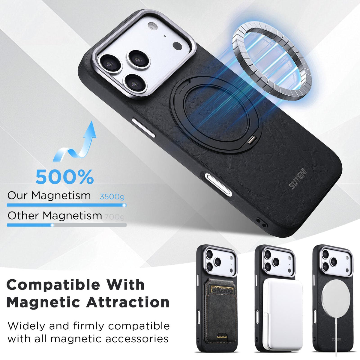 For iPhone 18 Pro Suteni G9 Rock Texture Magnetic Holder Phone Case - Black - SYA003490901A