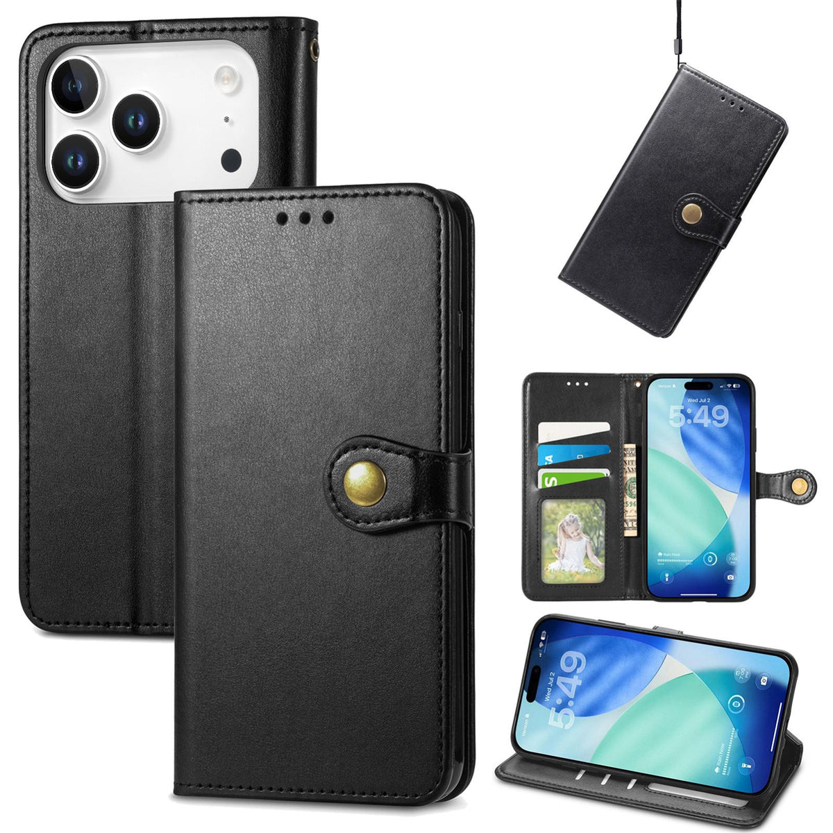 For iPhone 18 Pro Retro Solid Color Buckle Leather Phone Case - Black - SYA003492901A