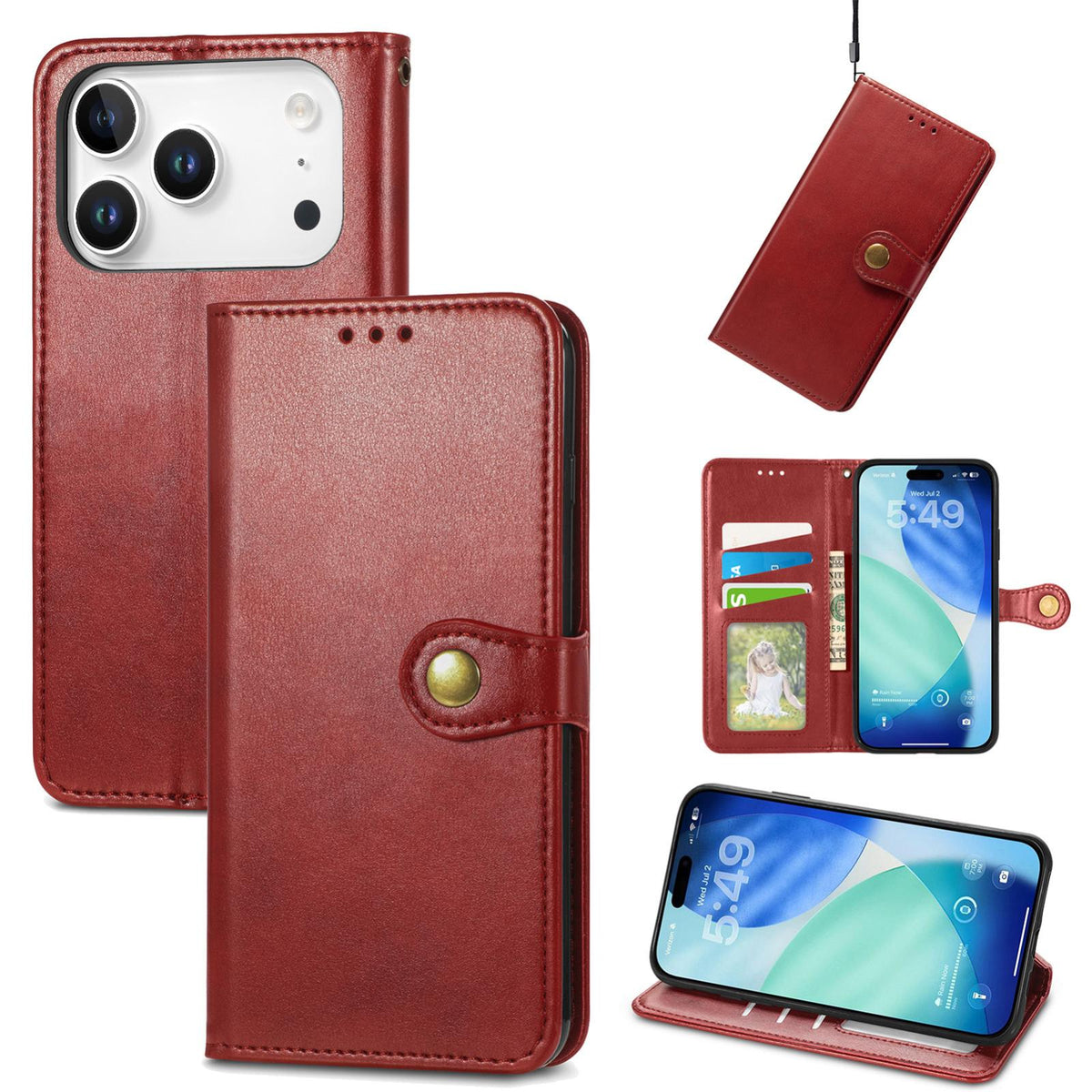 For iPhone 18 Pro Retro Solid Color Buckle Leather Phone Case - Red - SYA003492901D