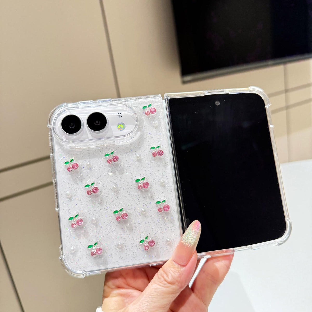 For iPhone Duo Epoxy Resin 3D Mini Cherry TPU Phone Case - Pink - SYA003494901B