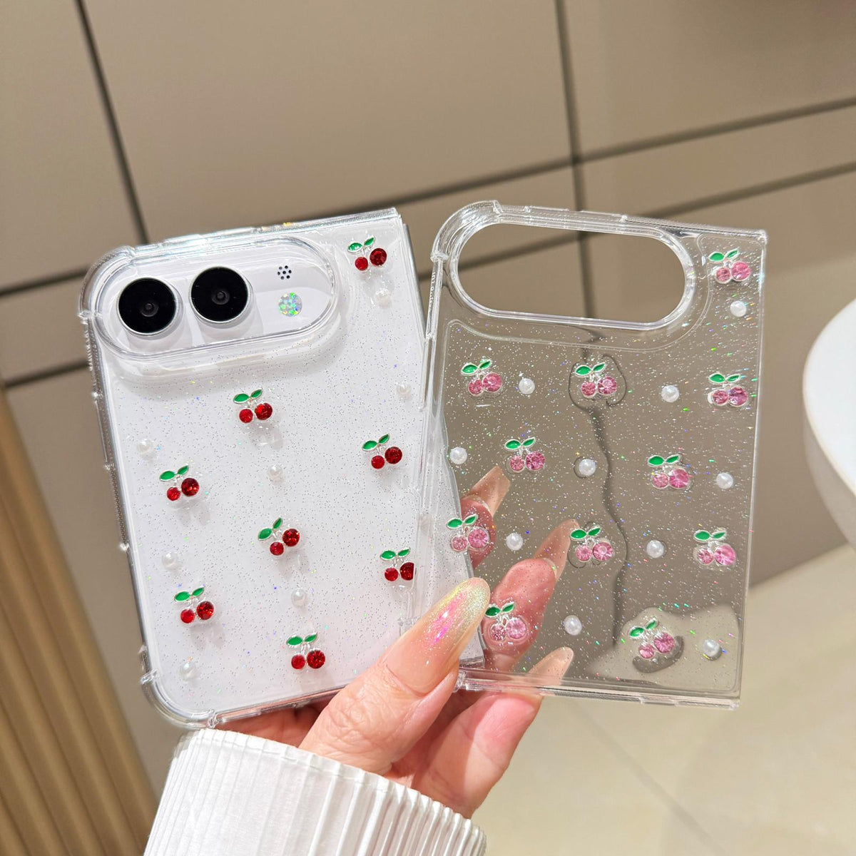 For iPhone Duo Epoxy Resin 3D Mini Cherry TPU Phone Case - Pink - SYA003494901B