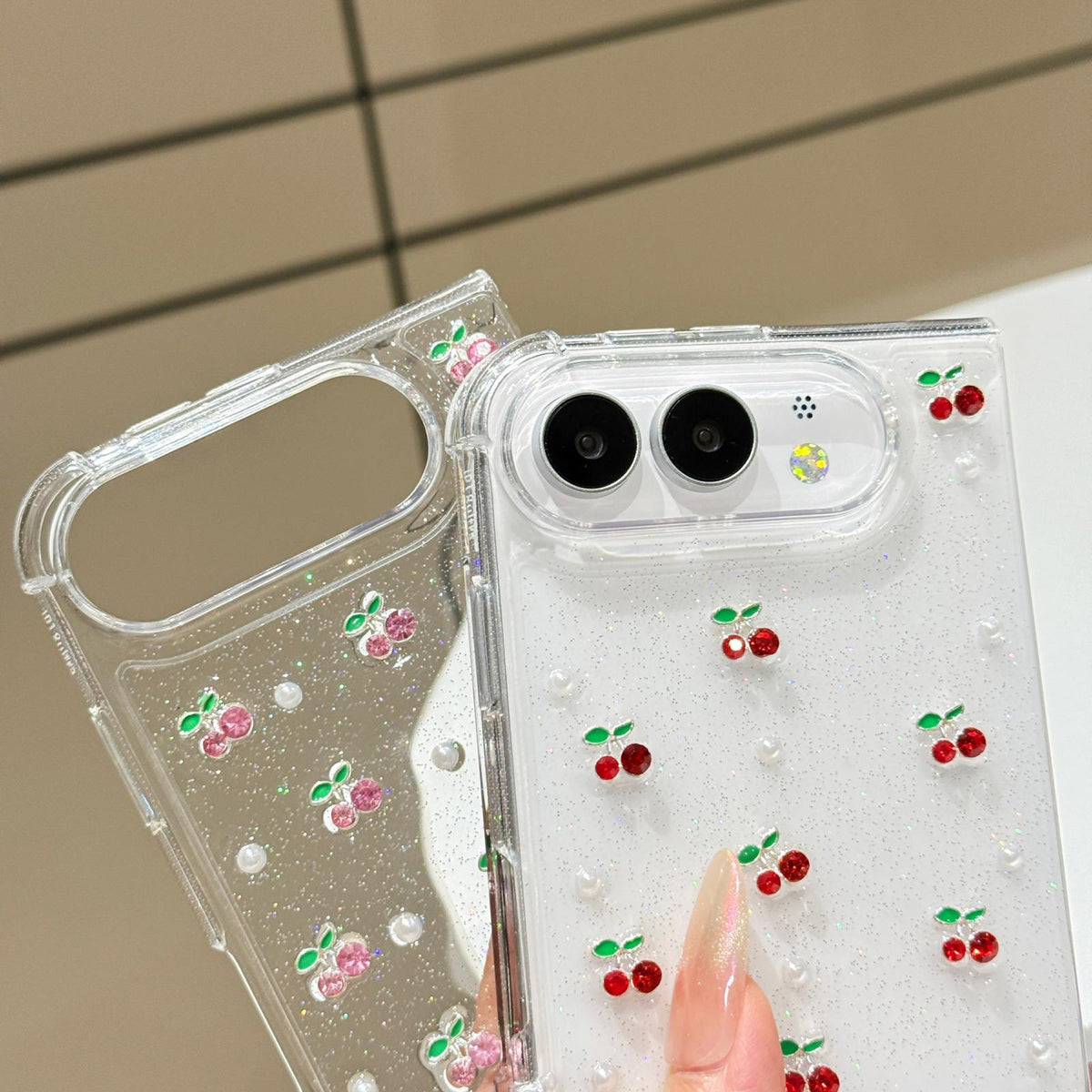 For iPhone Duo Epoxy Resin 3D Mini Cherry TPU Phone Case - Pink - SYA003494901B